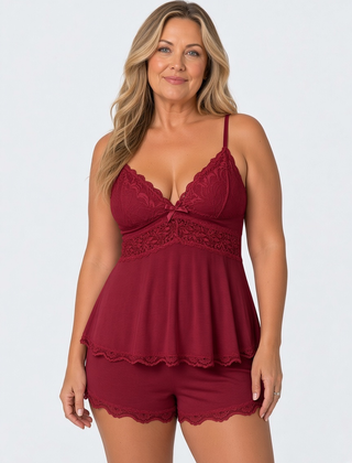 Lucie Lace Pyjama Set, Burgundy