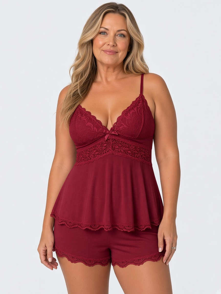 Lucie Lace Pyjama Set, Burgundy