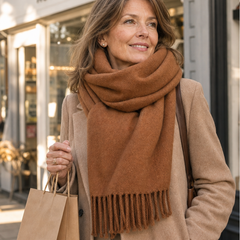 Margaux Prestige Wrap Scarf in Camel, worn outside the Abbey Lane shopfront