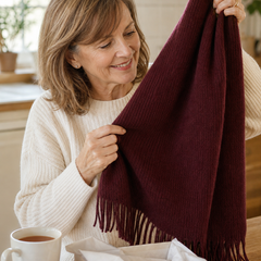 Margaux Prestige Wrap Scarf in Burgundy, shown as a gift