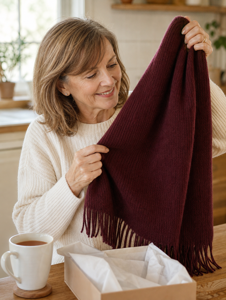 Margaux Prestige Wrap Scarf in Burgundy, shown as a gift