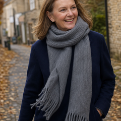 Margaux Prestige Wrap Scarf in Charcoal Grey, worn on an autumn walk
