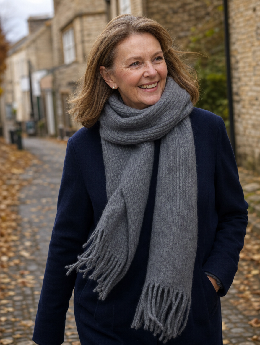Margaux Prestige Wrap Scarf in Charcoal Grey, worn on an autumn walk