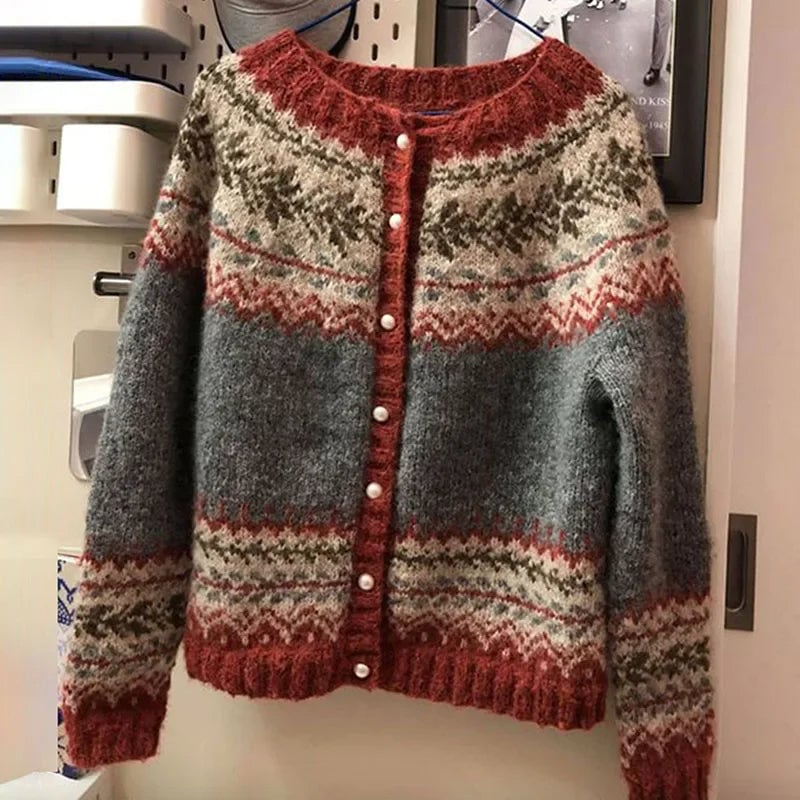 Atasha Nordic pattern button cardigan in grey with rust red trims