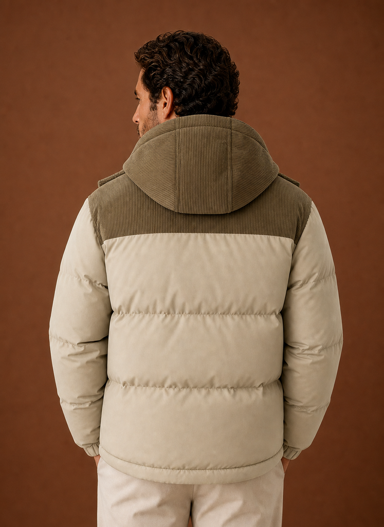 Men's Hooded Winter Puffer Jacket with Corduroy Collar