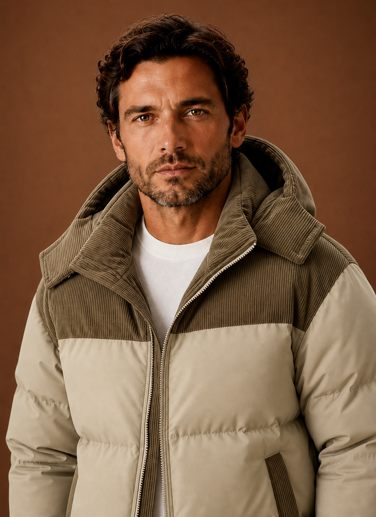 Men's Hooded Winter Puffer Jacket with Corduroy Collar