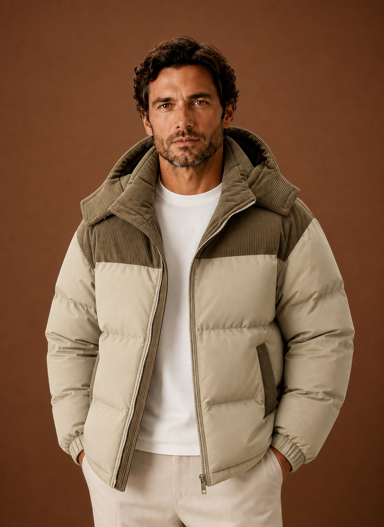 Men's Hooded Winter Puffer Jacket with Corduroy Collar