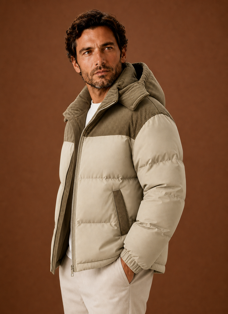 Men's Hooded Winter Puffer Jacket with Corduroy Collar