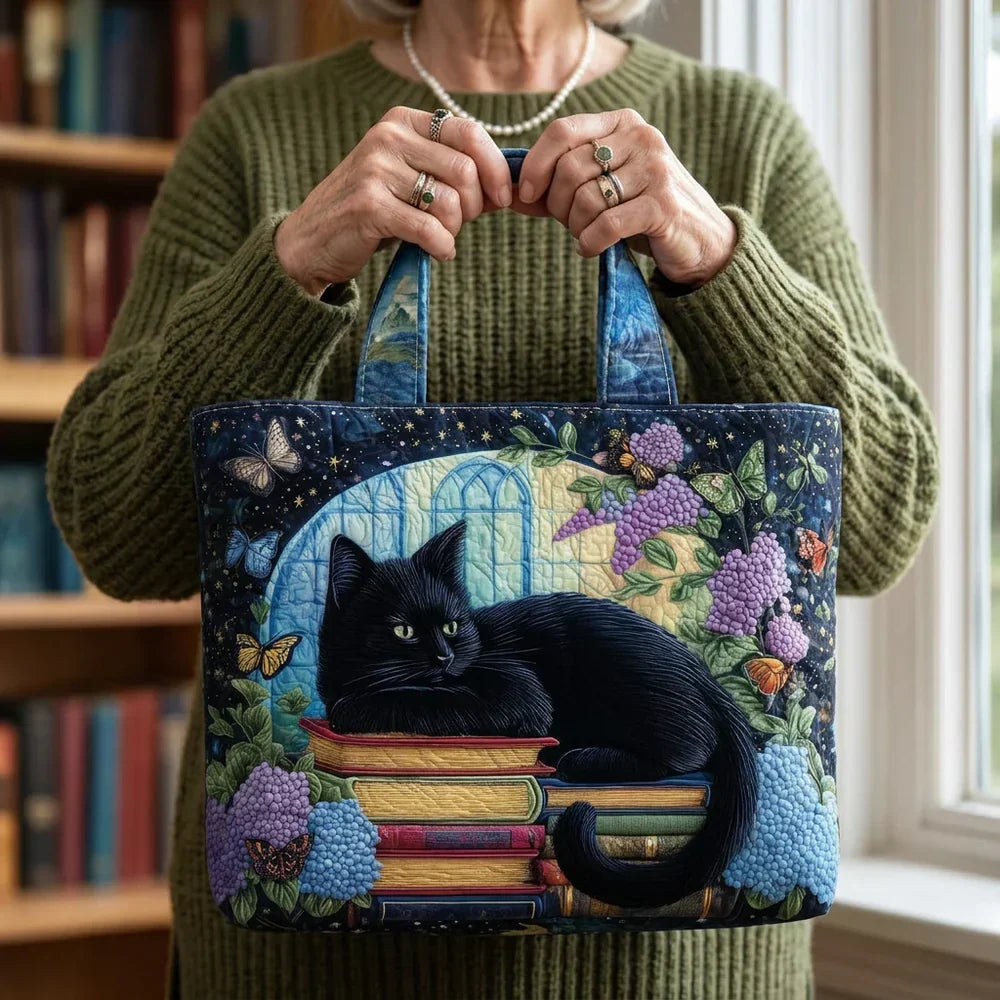 Tote Padded Bag - Black Cat on Books