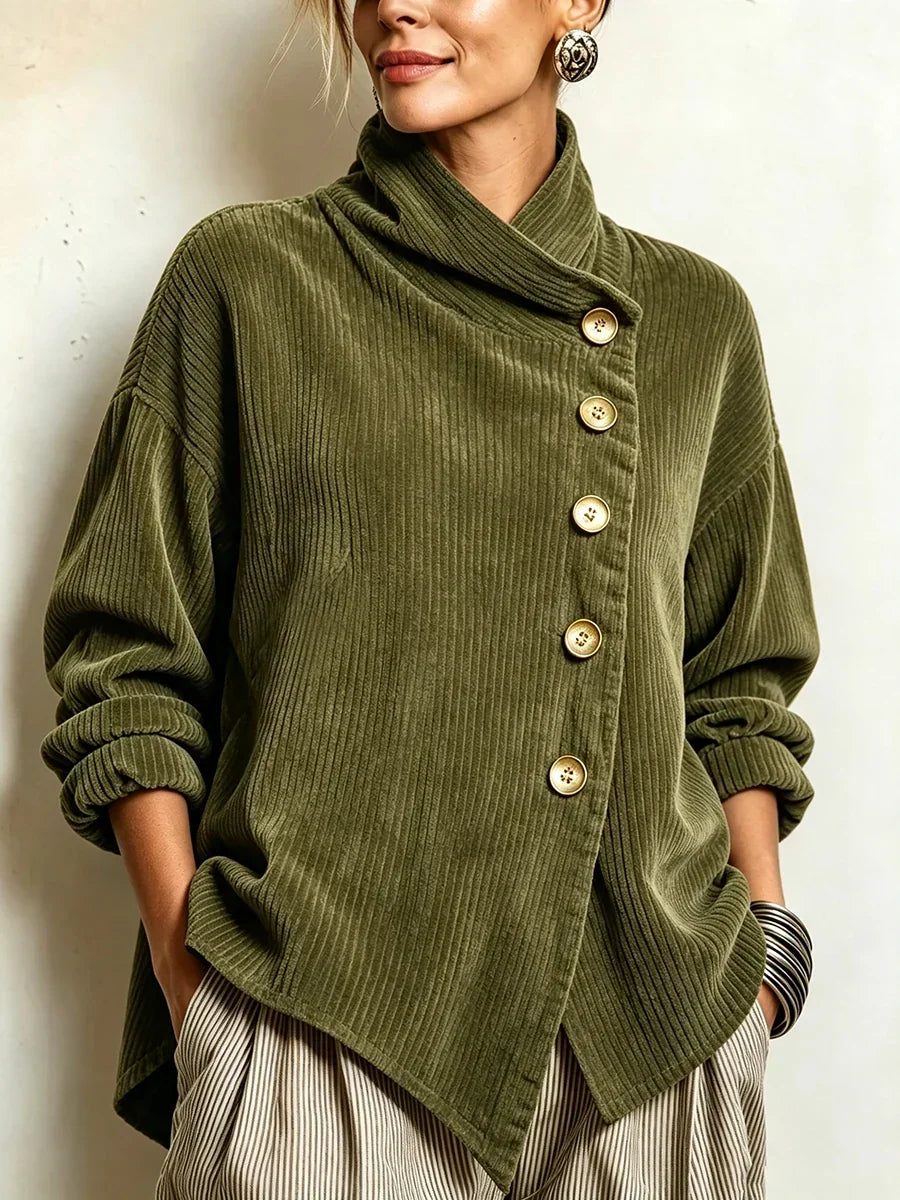 Amber corduroy button up top in Olive Green