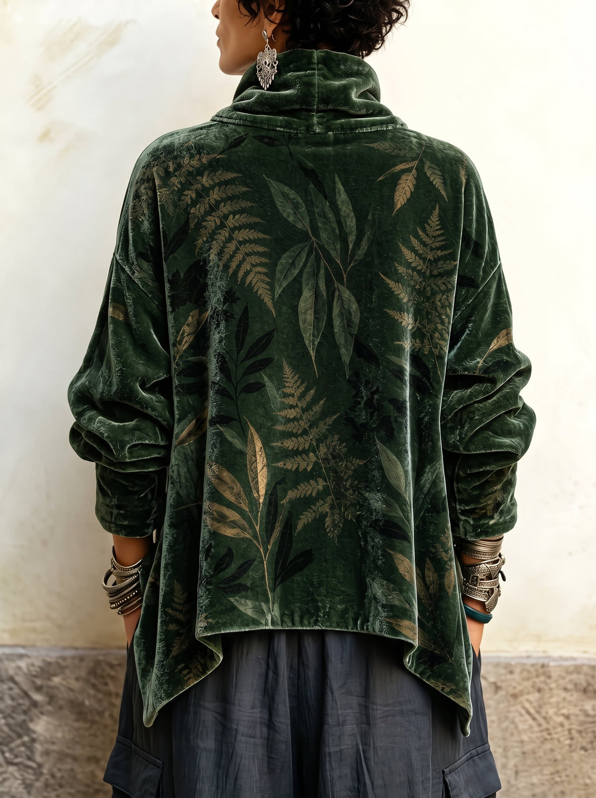 Chloe velvet fern tunic in forest green, back view