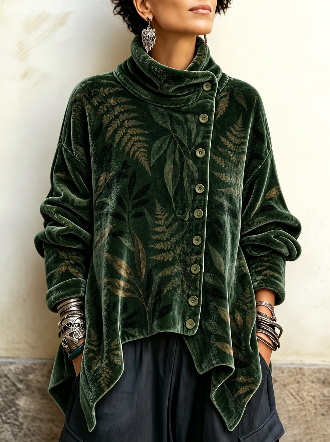 Chloe velvet fern tunic in forest green, front view