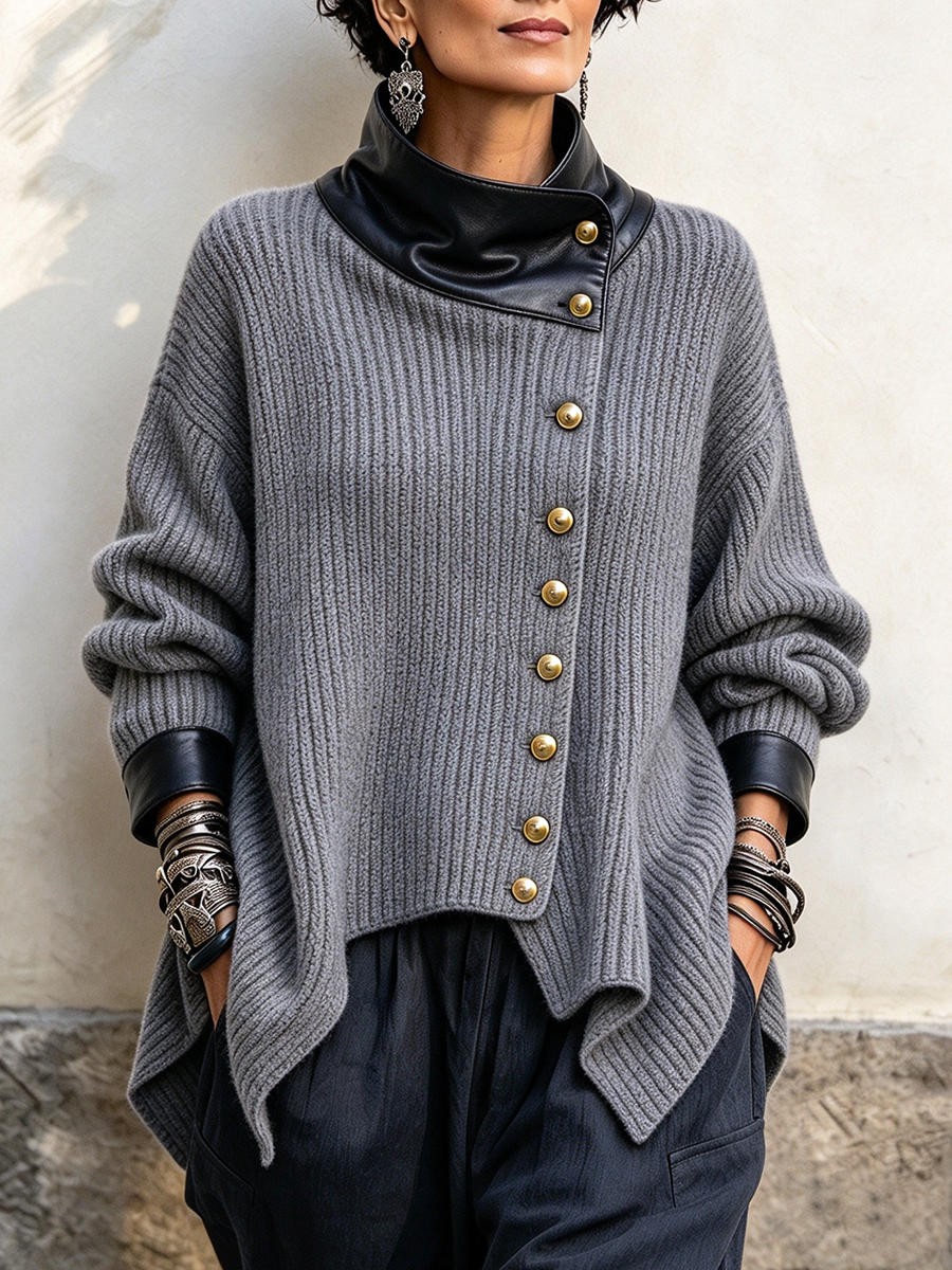 Olivia faux leather trim knit cardigan jacket in Grey