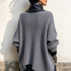 Olivia faux leather trim knit cardigan jacket in Grey