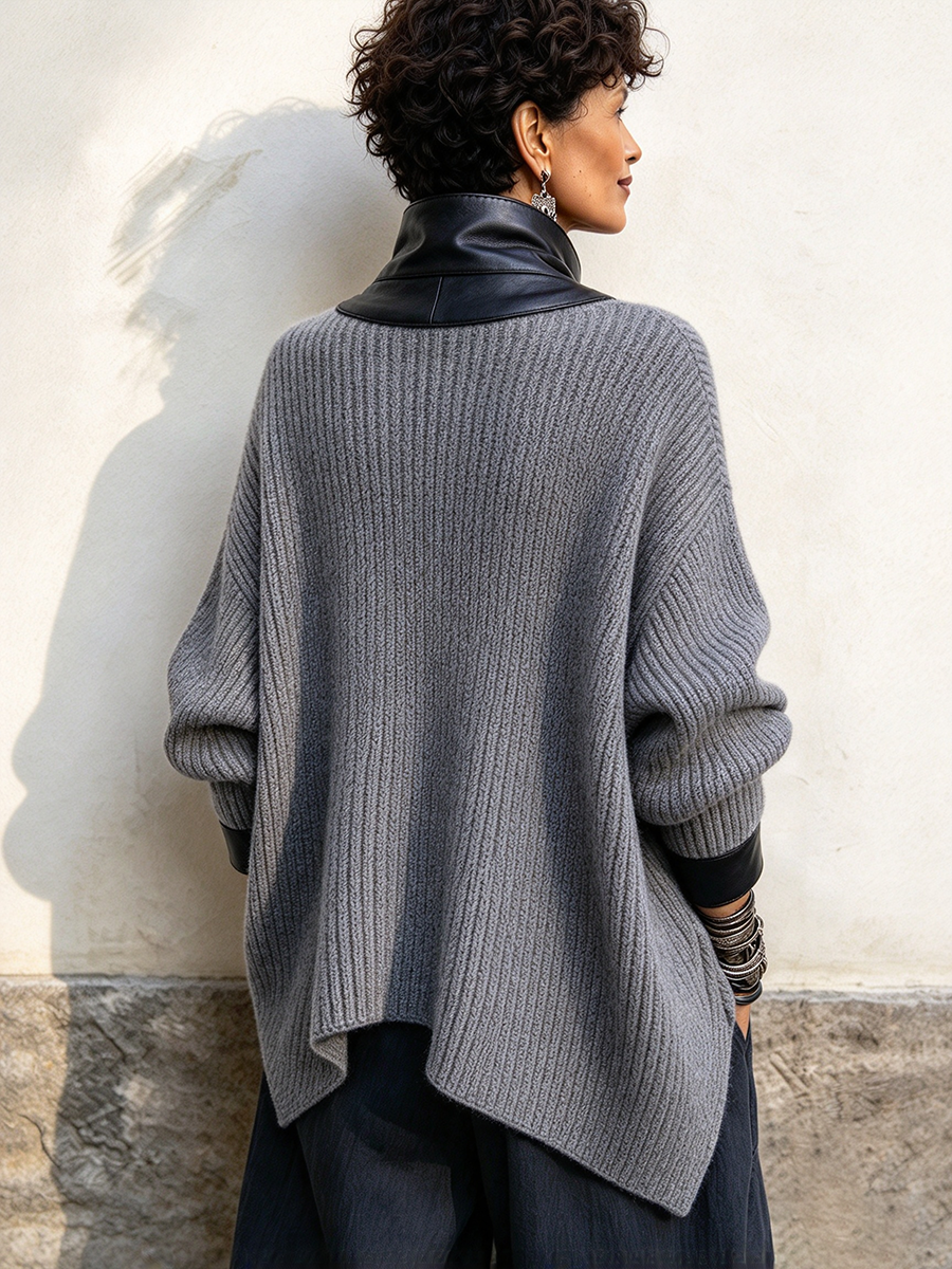 Olivia faux leather trim knit cardigan jacket in Grey
