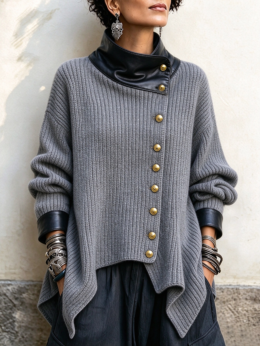 Olivia faux leather trim knit cardigan jacket in Grey