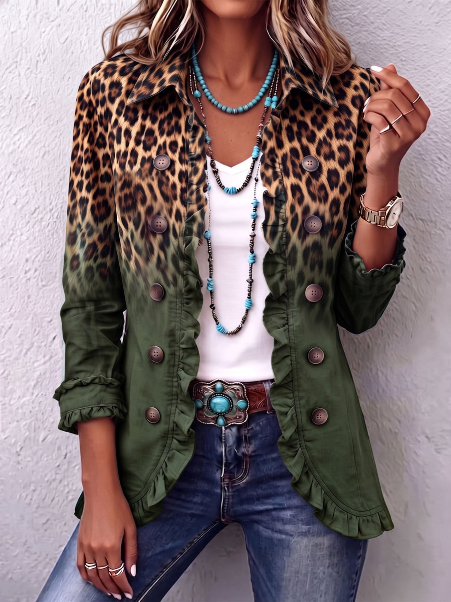 Ramona | Green Leopard Print Blazer Jacket with Ruffles