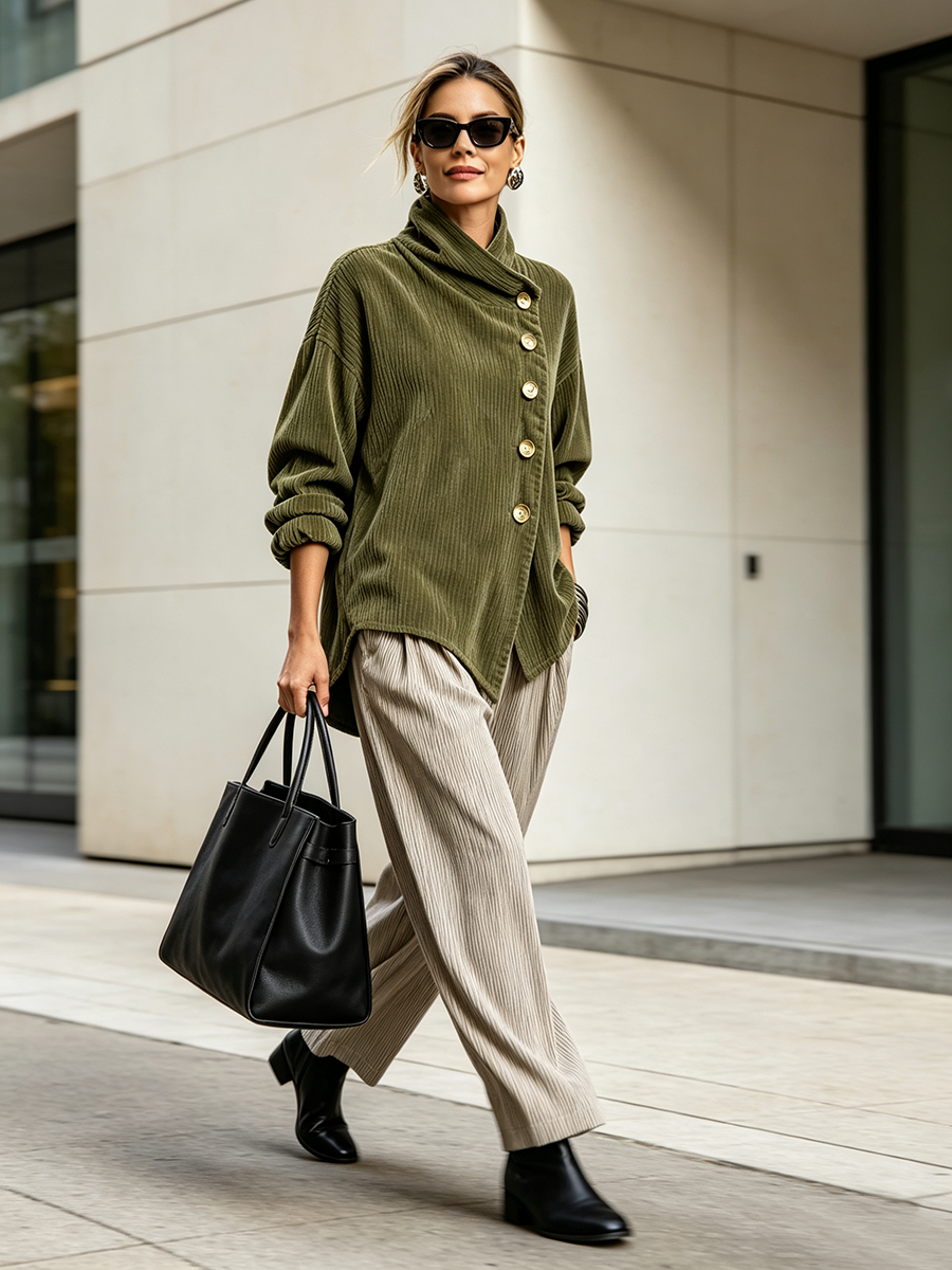 Amber corduroy button up top styled with trousers and ankle boots