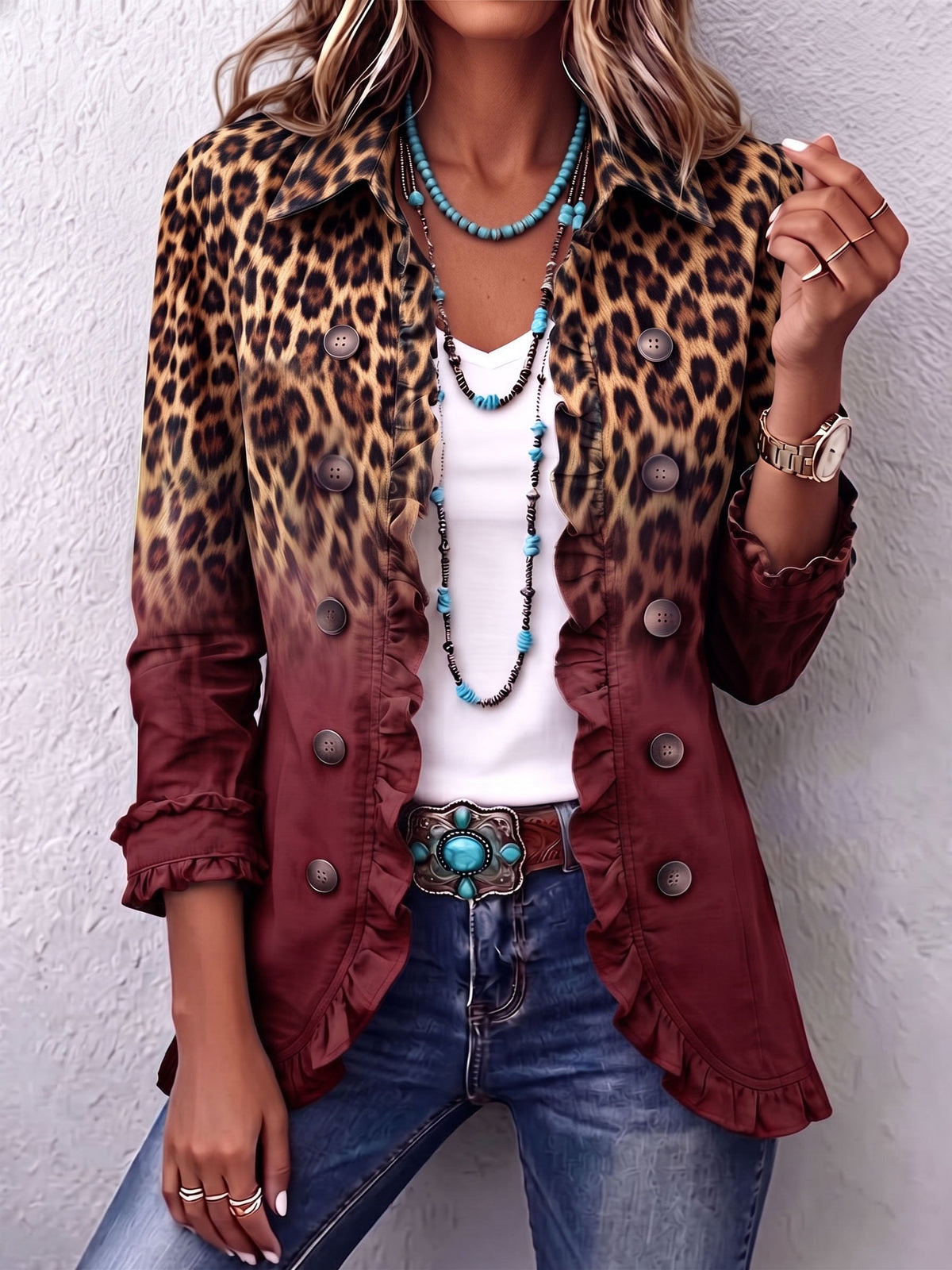 Tomasa | Burgundy Leopard Blazer Jacket with Ruffles