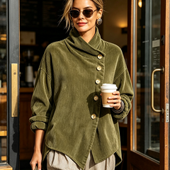 Amber corduroy button up top styled with trousers and ankle boots