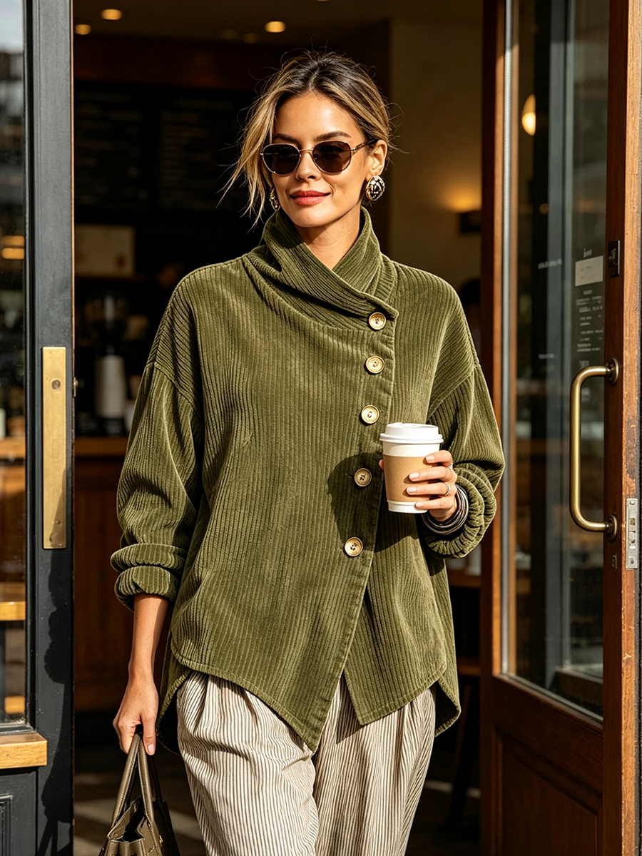 Amber corduroy button up top styled with trousers and ankle boots