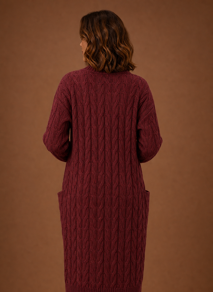 Cable Knit Cardigan for Women - Hooded Long