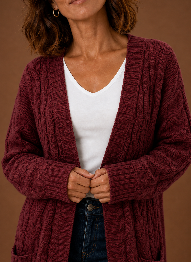 Cable Knit Cardigan for Women - Hooded Long
