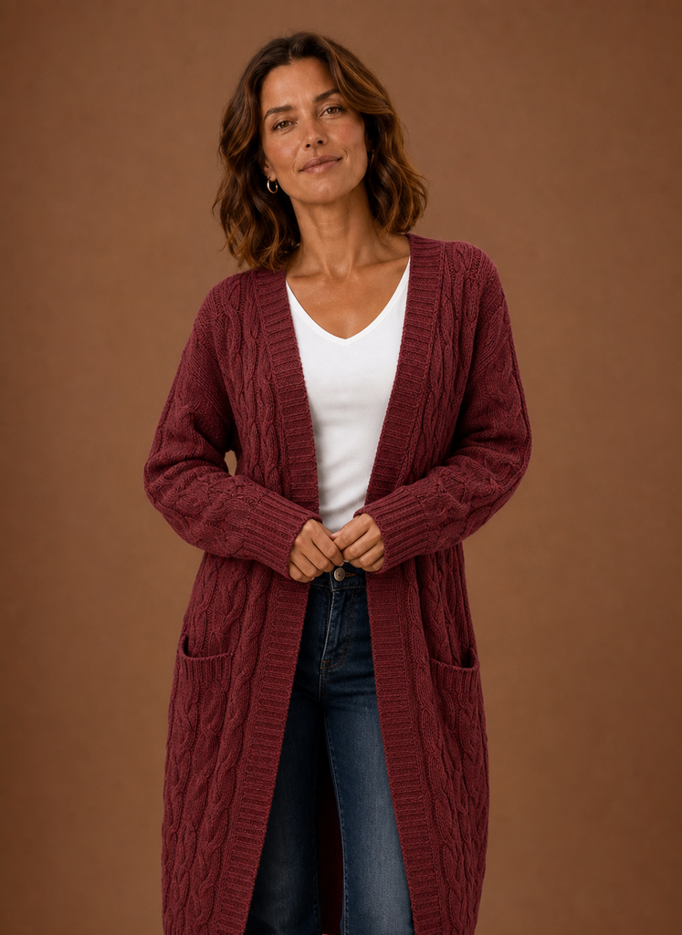 Cable Knit Cardigan for Women - Hooded Long