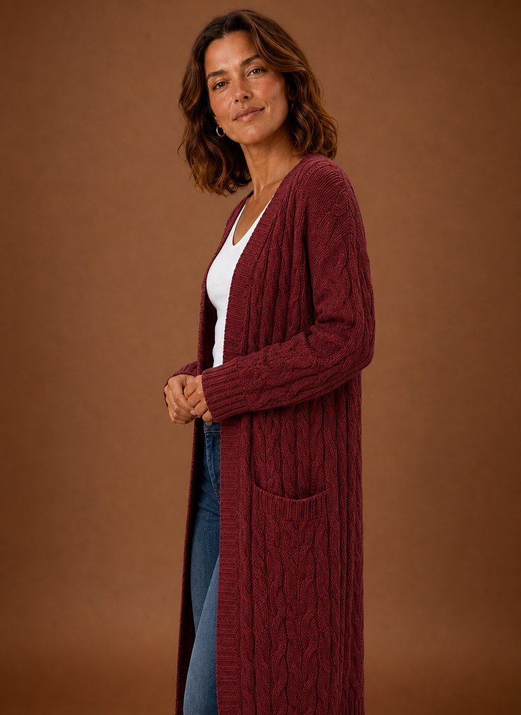 Cable Knit Cardigan for Women - Hooded Long