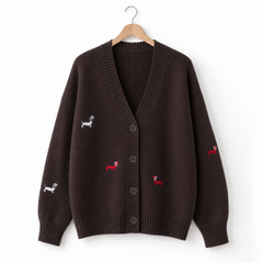 Winnie | Dachshund Embroidered Cardigan in Brown
