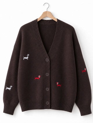 Winnie | Dachshund Embroidered Cardigan in Brown