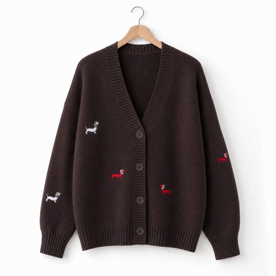Winnie | Dachshund Embroidered Cardigan in Brown
