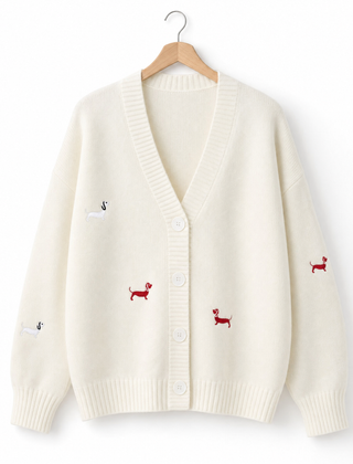 Winnie | Dachshund Embroidered Cardigan in White
