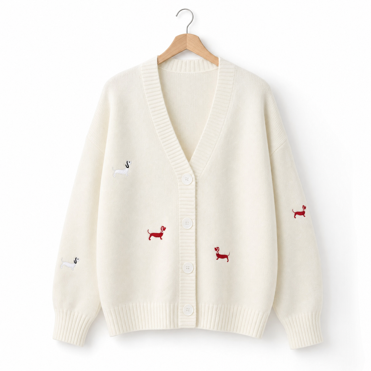 Winnie | Dachshund Embroidered Cardigan in White