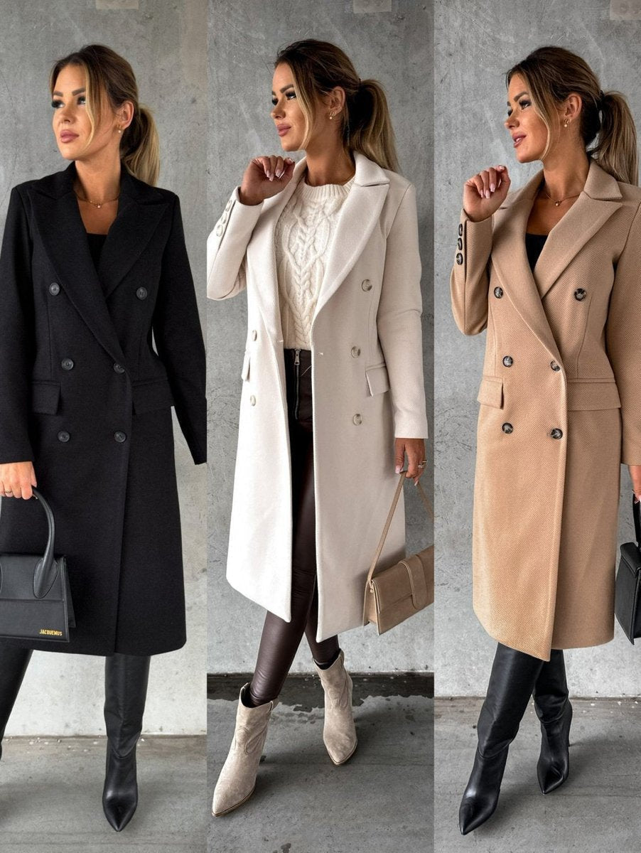 Emeline double breasted longline overcoat, styled and detail view