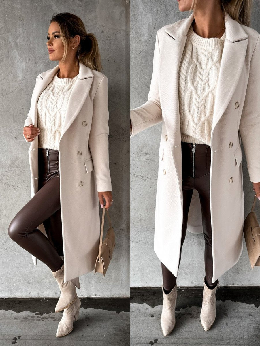 Emeline double breasted longline overcoat, styled and detail view