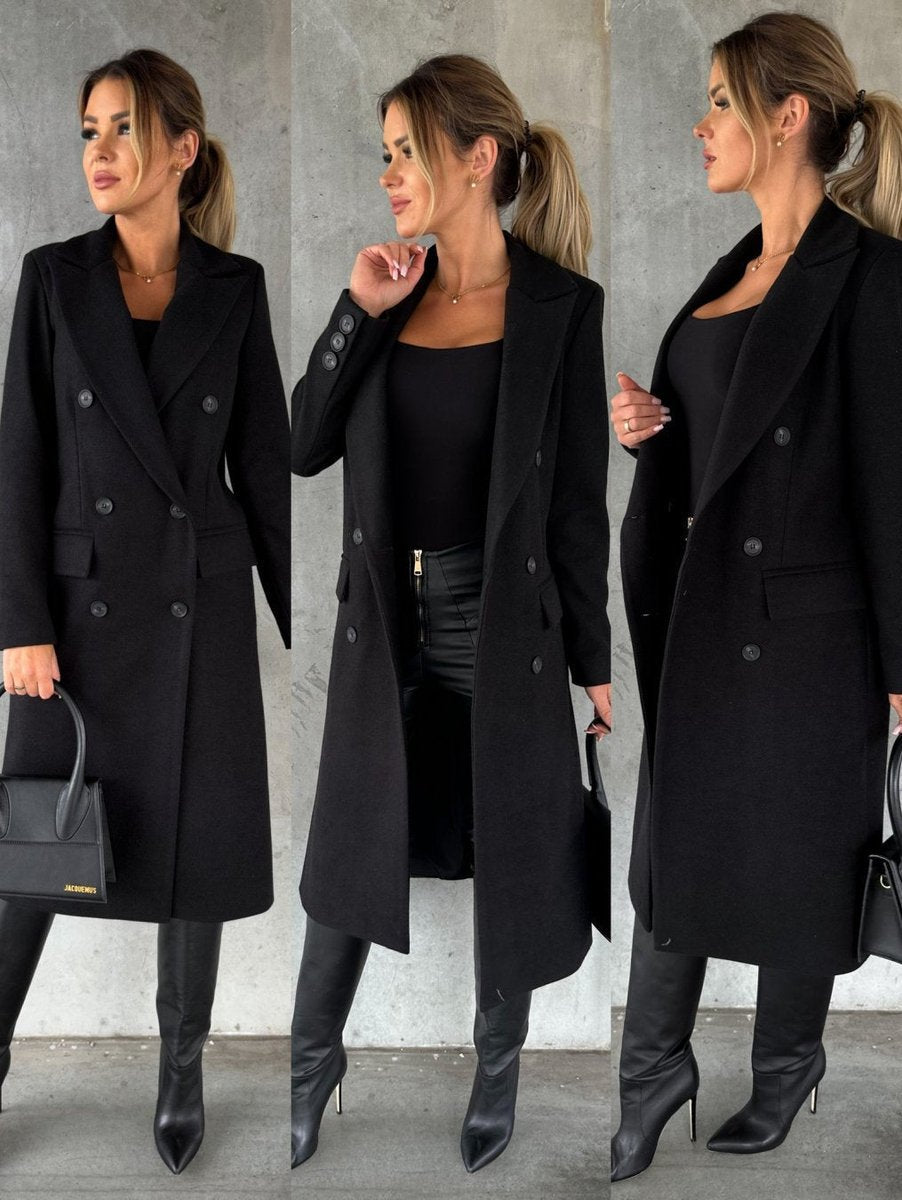 Emeline double breasted longline overcoat, styled and detail view