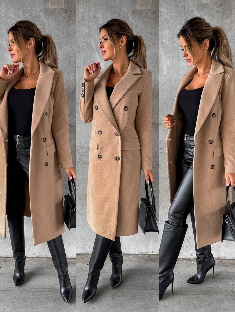Emeline double breasted longline overcoat, styled and detail view