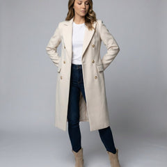 Emeline double breasted longline overcoat, styled and detail view