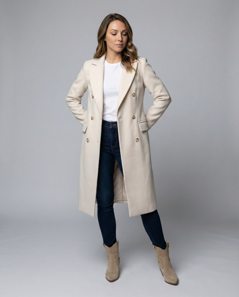 Emeline double breasted longline overcoat, styled and detail view