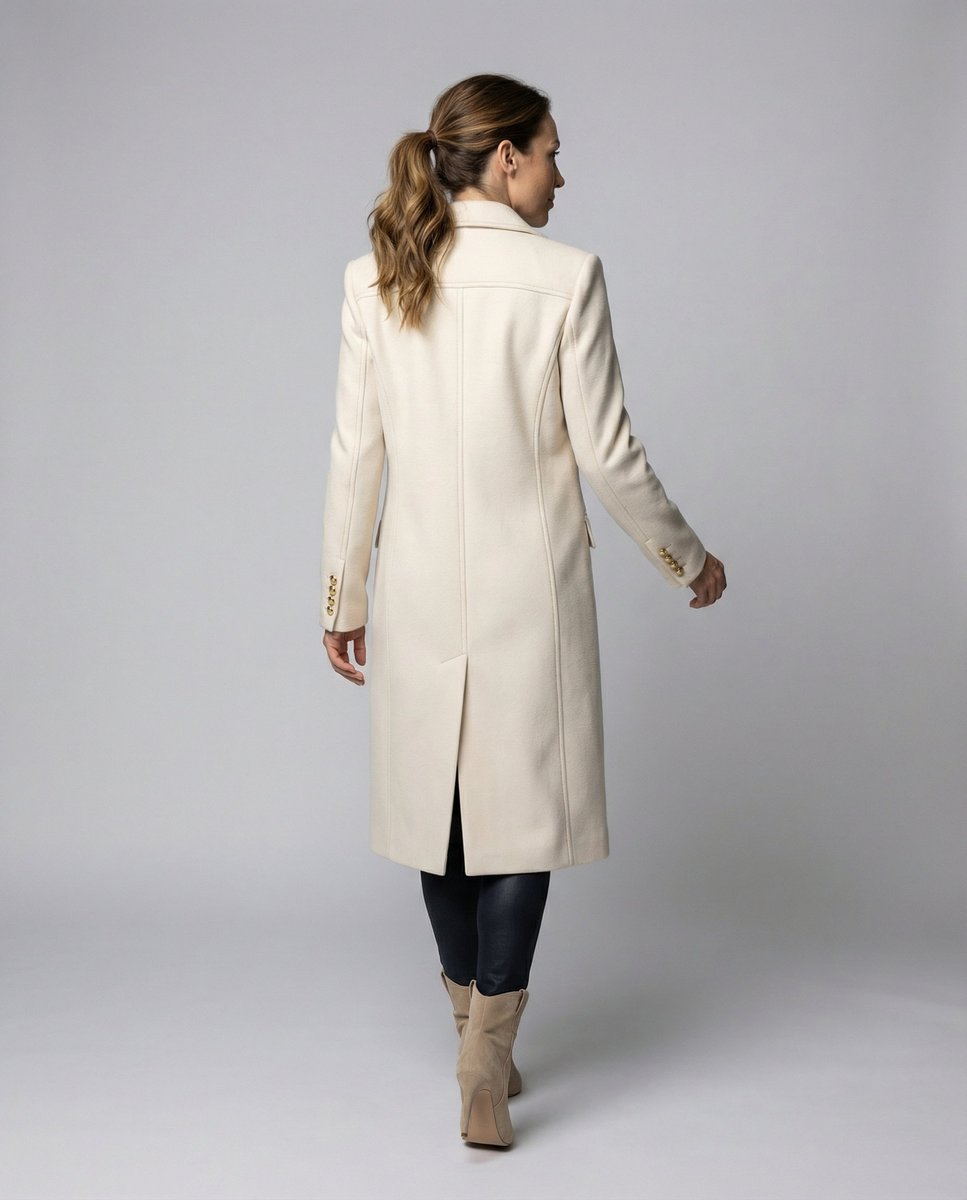 Emeline double breasted longline overcoat, styled and detail view