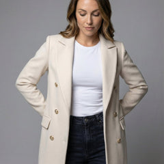 Emeline double breasted longline overcoat, styled and detail view