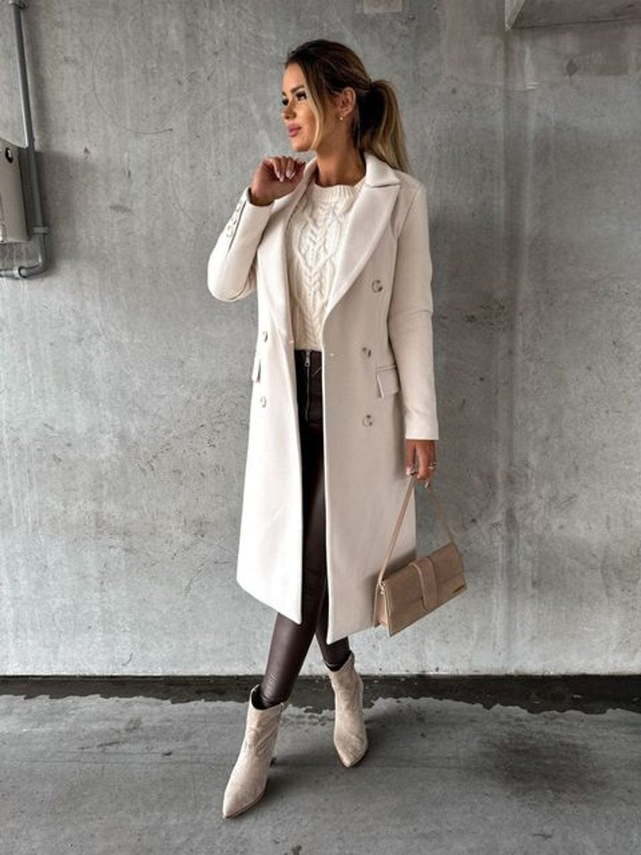 Emeline double breasted longline overcoat, styled and detail view