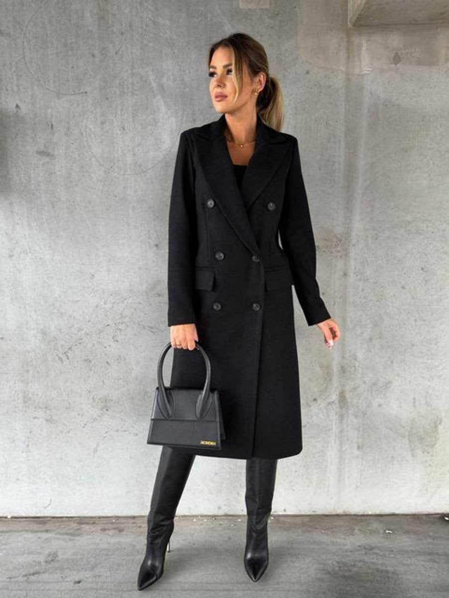 Emeline double breasted longline overcoat in Black
